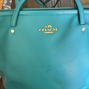 Coach Blue Pebbled Leather Tote with Gold Hardware